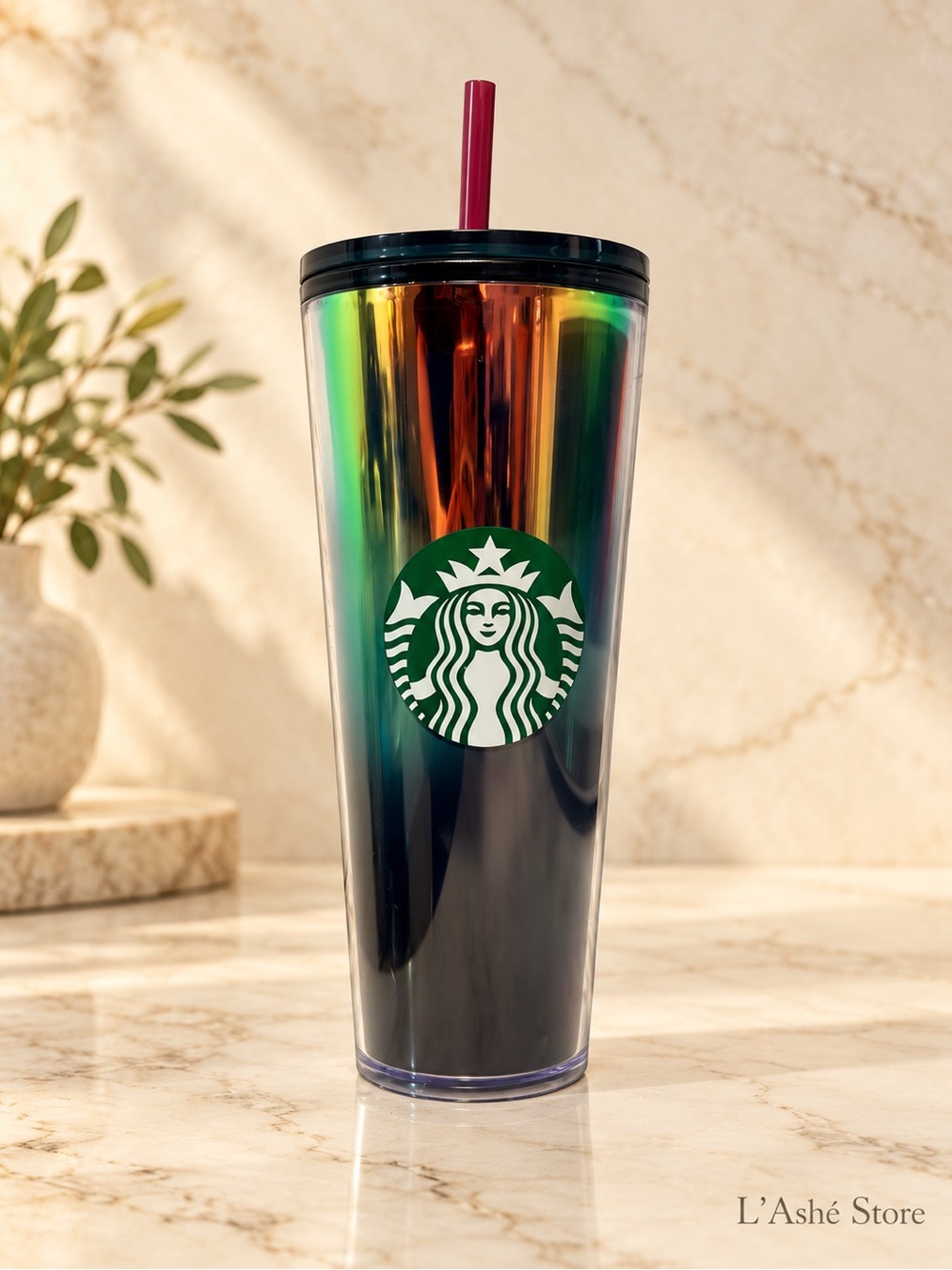 Starbucks Black & Iridescent Rainbow Logo Tumbler with Pink Straw